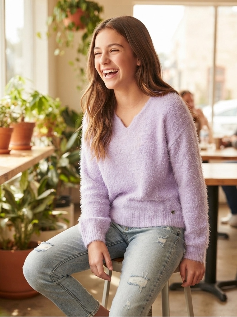 Justice Lavender V-Neck Fuzzy Sweater
